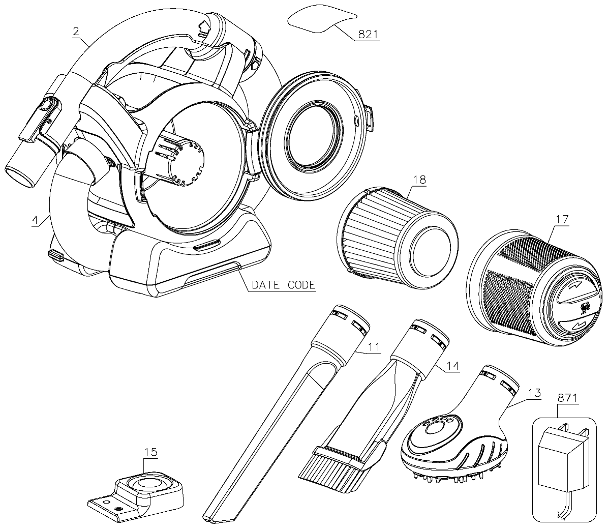 Default Diagram and Parts List for BDH2020FLFH Type 1 Black and Decker Hand Vacuum